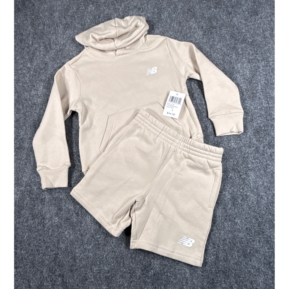 New Balance Boys 2PC Athletic Short Set Beige Hoodie & Shorts Size 4 NWT